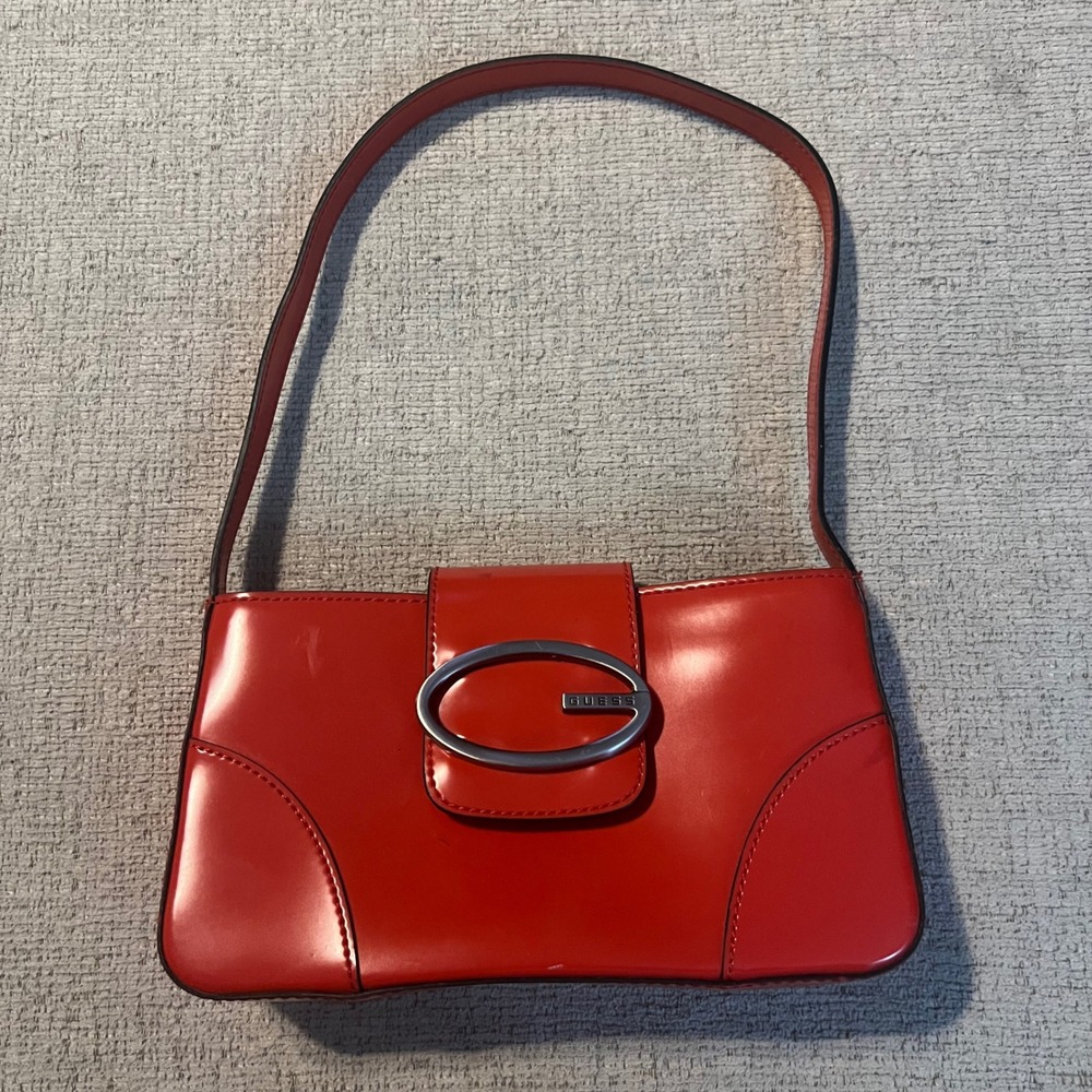Guess Vintage Red Patent Leather Baguette Shoulder Bag Silver G Logo Y2K Style